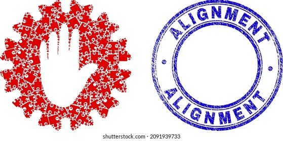 Puzzle stop hand coronavirus mosaic icon and Alignment seal stamp. Blue vector rounded distress seal stamp with Alignment message.