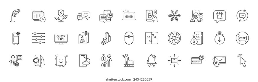 Rompecabezas, dejar de votar e iconos de línea de dinero. Paquete de Cashback, gráfico 3d, icono Actualizar comentarios. Filtro, Caja de cartón, Pictograma de fabricación de música. Tutoriales web, phishing, sonrisa. Timbre del reloj. Vector