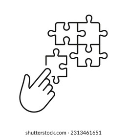 Puzzle Strategy Solution Line Icon. Jigsaw and Human Hand Linear Pictogram. Connect Parts of Puzzle, Team Game Outline Sign. Editable Stroke. Isolated Vector Illustration.