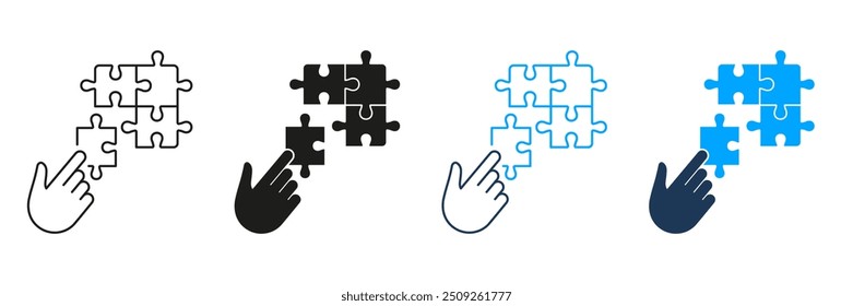 Línea de solución de estrategia de rompecabezas y conjunto de iconos de silueta. Rompecabezas y Mano Humana. Conecta partes de Puzzle. Trazo Editable. Ilustración vectorial aislada.