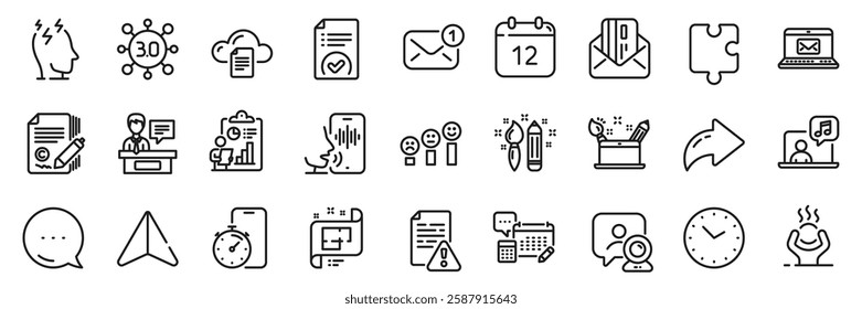 Puzzle, Stress and Credit card line icons pack. Share, Message, Paper plane icons. Instruction manual, New message, Web3 web icon. Architectural plan, Video conference, Timer app pictogram. Vector