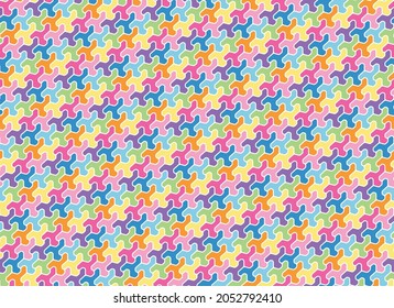 Puzzle style multicolor geometric composition. Eight colors + white. Seamless repeating pattern. Vector image. Great as texture, background, and wrapping paper.