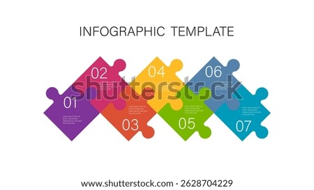 Puzzle style timeline concept of seven  dependent components infographic template.