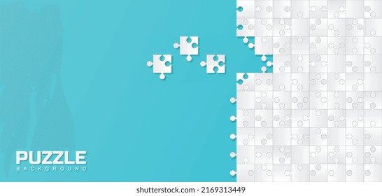 Puzzle stylish background. Collection of picture from pieces on blue backdrop. Graphic elements for website, interface, landing page design and space for text. Cartoon flat vector illustration