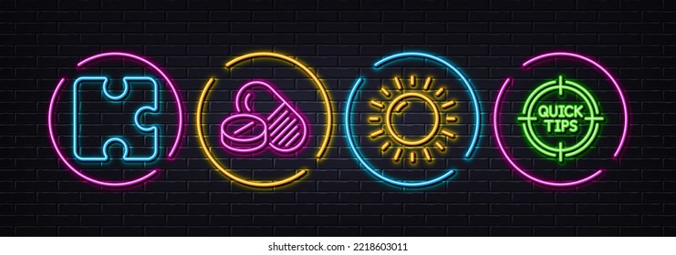 Puzzle, Sun energy and Medical drugs minimal line icons. Neon laser 3d lights. Tips icons. For web, application, printing. Puzzle piece, Solar power, Medicine pills. Quick tricks. Vector