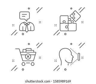 Puzzle, Support service and Remove purchase line icons set. Face id sign. Engineering strategy, Human talking, Delete from cart. Identification system. Business set. Line puzzle outline icon. Vector
