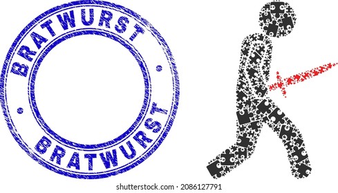 Puzzle sword warrior mosaic icon with Bratwurst badge. Blue vector rounded scratched stamp with Bratwurst text. Abstract mosaic of sword warrior icon organized of puzzle elements.