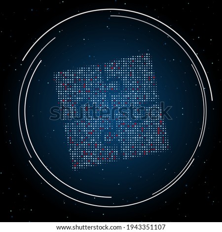 The puzzle symbol filled with white dots. Pointillism style. Some dots is red. Vector illustration on blue background with stars