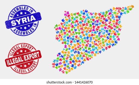 Puzzle Syria map and blue Assembled seal, and Illegal Export distress seal. Bright vector Syria map mosaic of bundle elements. Red rounded Illegal Export seal.