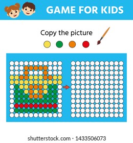 Puzzle task, education logic game for preschool kids. Paint the circles. Color by example. Drawing printable activity, learning symmetry for toddlers 