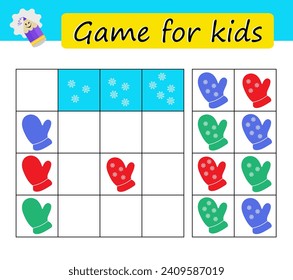 Puzzle task, game for preschool kids. Developing numeracy skills. Mittens images. 