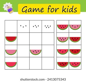 Puzzle task, game for preschool kids. Developing numeracy skills. Cartoon watermelon.