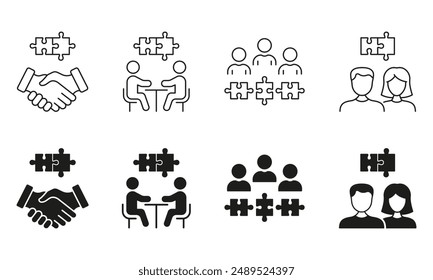 Puzzle and Team Work Line and Silhouette Icon Set. Business, Teamwork Connection, Deal Concept. Editable Stroke. Isolated Vector Illustration.