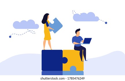 Puzzle team work vector illustration concept partner. Partnership teamwork business people collaboration together vector design. Concept jigsaw part solution group connect. Cooperation strategy idea