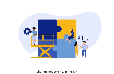 Socio de concepto de ilustración de vector de trabajo del equipo de rompecabezas. Equipos de colaboración colaboran con personas de negocios en el diseño de vectores. Concepto de conexión de grupo de soluciones de partes de rompecabezas. Idea de estrategia de cooperación