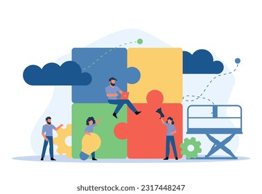 Socio de concepto de ilustración de vector de trabajo del equipo de rompecabezas. Equipos de colaboración colaboran con personas de negocios en el diseño de vectores. Concepto de conexión de grupo de soluciones de partes de rompecabezas. Idea de estrategia de cooperación