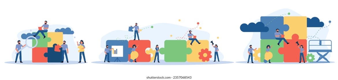 Socio de concepto de ilustración de vector de trabajo del equipo de rompecabezas. Equipos de colaboración colaboran con personas de negocios en el diseño de vectores. Concepto de conexión de grupo de soluciones de partes de rompecabezas. Idea de estrategia de cooperación