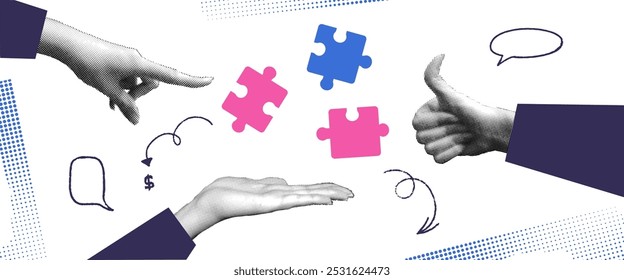 Puzzle teamwork collage with halftone hand. Partnership team on work or education. Vector illustration. Brainstorm halftone