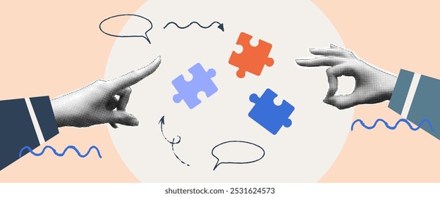 Puzzle trabajo en equipo collage con mano de medio tono. Equipo de colaboración en materia de trabajo o educación. Ilustración vectorial. Medio tono de lluvia de ideas