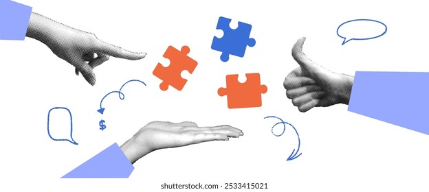 Puzzle Teamwork Collage mit Halbtonhand. Partnerschaftsteam für Arbeit oder Bildung. Vektorgrafik. Brainstormhalfton