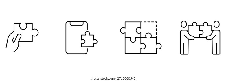 Puzzle teamwork icon set, hand holding piece, mobile app plugin, missing jigsaw square, collaboration people connection outline vector illustration.