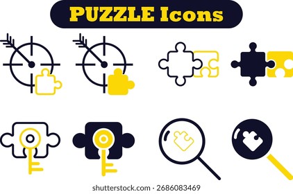 Conjunto de iconos de rompecabezas y trabajo en equipo. Rompecabezas, idea, solución, etc. Iconos de cigüeña editables para la búsqueda de soluciones, colaboración, integración, ideas, innovación, estrategia y objetivos compartidos. 