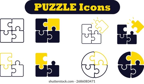 Puzzle and teamwork icon set. Jigsaw, idea, solution etc. Editable stork icons for solution finding, collaboration, integration, ideas, innovation, strategy, and shared goals. 