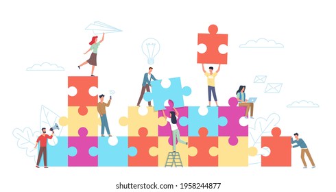 Puzzle teamwork. Little people with big puzzle pieces, colleagues cooperation, working collaboration in common business. Company teambuilding, startup project. Vector cartoon concept