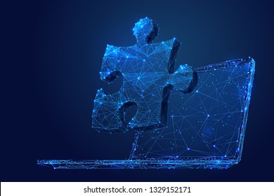 Puzzle. Teamwork. Network concept on laptop screen. Vector low poly wireframe in the form of starry sky, consisting of points, lines, and shapes in the form of stars. Vector networking concept. 