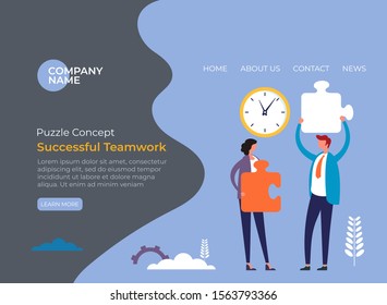 Puzzle teamwork office life concept. Vector flat graphic design illustration