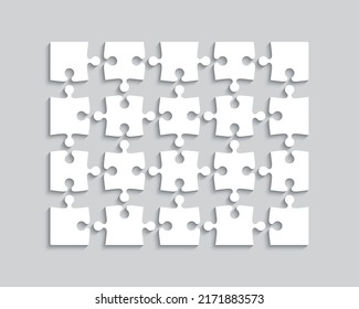 Puzzle template with 20 separate pieces. Jigsaw outline grid. Thinking game with detached shapes. Simple mosaic layout. Modern puzzle background. Laser cut frame. Vector illustration.