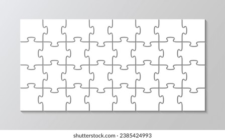 Puzzle template with 4x8 details. Puzzle pieces grid. Jigsaw layout. Laser cut frame. Vector illustration. Thinking mosaic game with 40 separate shapes on background. Paper leisure toy.