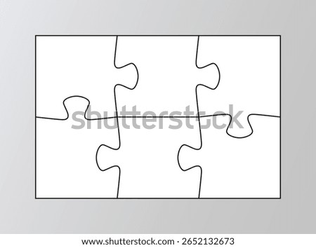 Puzzle template with 6 details. Layout of thinking mosaic game. Laser jigsaw pieces cut grid. White modern background. Infographic diagram. Vector illustration.
