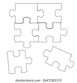 Puzzle template with no background 6 pieces scattered. Puzzle elements. Mockup for printing a composite jigsaw puzzle vector drawing.