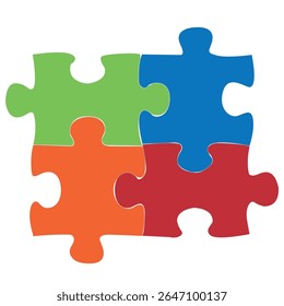 Puzzle template without a background of 4 colored parts. Blue, orange, red and green. Puzzle elements. Mockup for printing a composite jigsaw puzzle vector drawing.