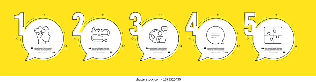 Puzzle, Text message and Mindfulness stress line icons set. Timeline process infograph. Journey path sign. Engineering strategy, Chat bubble, Cloud storm. Project process. Business set. Vector