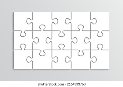 Puzzle Thinking 3x5 Spiel. 15 Stück Konturraster. Denkspiel mit separaten Formen. Einfaches Mosaik-Layout. Moderner Rätsel-Hintergrund. Laserschnitt-Rahmen. Vektorgrafik.