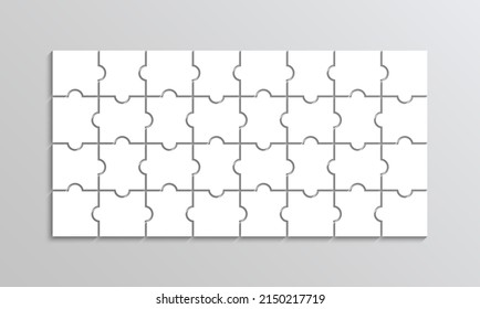 Puzzle thinking game. 32 pieces jigsaw outline grid. Thinking game with separate shapes. Simple mosaic layout. Modern puzzle background. Laser cut frame. Vector illustration.