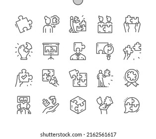 Puzzle. Thinking man, success, problem discussion, puzzle pieces and other. Pixel Perfect Vector Thin Line Icons. Simple Minimal Pictogram