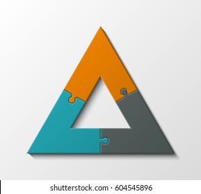 Puzzle Three Piece Business Presentation. Triangle Pattern Infograph. Circle 3 Step Process Diagram, Pyramid Card. Delta Section Compare Service Banner. Abstract Background