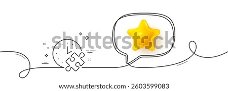 Puzzle time line icon. Continuous line with 3d star. Jigsaw piece with clock sign. Business challenge symbol. 3d star in speech bubble. Puzzle time single line ribbon. Loop curve pattern. Vector