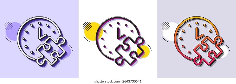 Puzzle time line icon. Halftone dotted pattern. Gradient icon with grain shadow. Jigsaw piece with clock sign. Business challenge symbol. Line puzzle time icon. Various designs. Vector