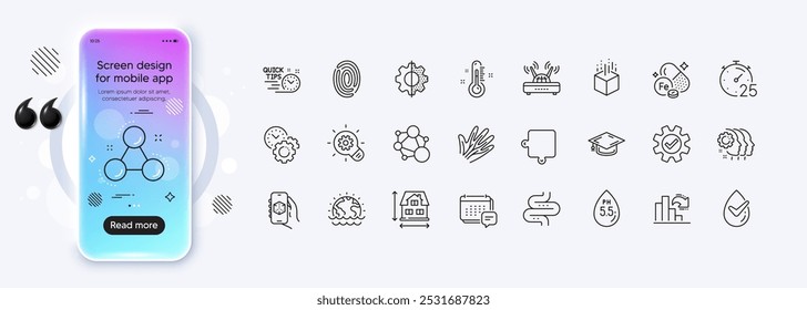 Puzzle, gestión del tiempo e iconos de línea de huellas dactilares para el App de Web. Pantalla de degradado de maqueta de teléfono. Paquete de Dermatológicamente probado, venas, iconos de pictograma de termómetro. Vector