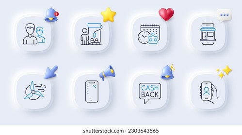 Puzzle time, Painter and Marketplace line icons. Buttons with 3d bell, chat speech, cursor. Pack of Money transfer, User call, Windmill turbine icon. Smartphone, Couple pictogram. Vector