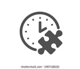 Puzzle time simple icon. Jigsaw piece with clock sign. Business challenge symbol. Classic flat style. Quality design element. Simple puzzle time icon. Vector