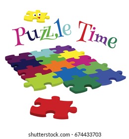 Puzzle time written in color. Colorful jigsaw puzzle pieces. Isolated in white