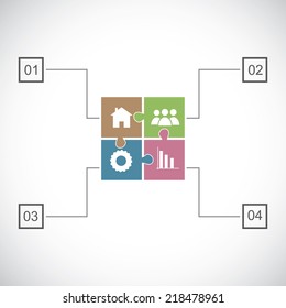 Puzzle timeline design template with numbers, icons, dates and place for text