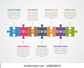 Puzzle timeline. Infographic with options, diagram with sections of connected puzzles for presentations and finance reports vector education chart infograhic step template