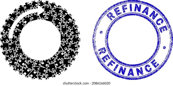 Puzzle Tire Rotaion Direction Mosaic Icon With Refinance Watermark. Blue Vector Round Grunge Seal Stamp With Refinance Text. Abstract Mosaic Of Tire Rotaion Direction Icon Organized Of Puzzle Pieces.