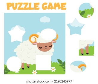 Puzzle for toddlers. Cut and Match pieces and complete the picture of cute lamb. Educational game for children.